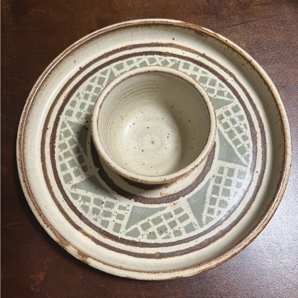Vintage MCM Signed Rosenbloom Studio Art Pottery Chip and Dip Tray 10”